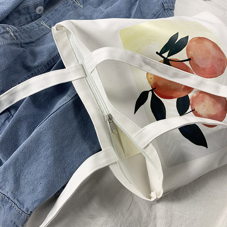 Eco-friendly Canvas Shopper Bag Shoulder Tote Bag With Peaches Print