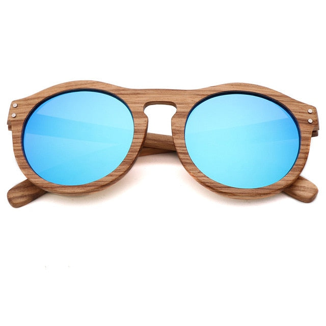 Zebra Wood Finish - Handmade Retro Round Unisex Sunglasses - Ice Blue