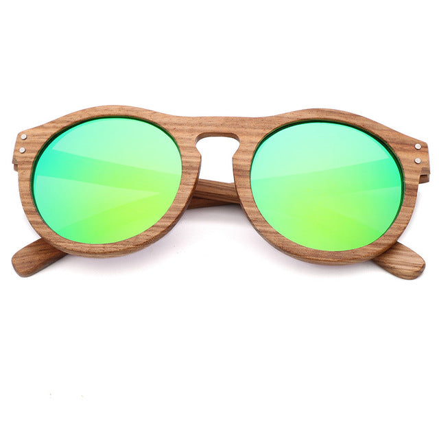 Zebra Wood Finish - Handmade Retro Round Unisex Sunglasses - Green