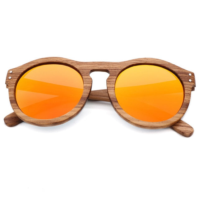 Zebra Wood Finish - Handmade Retro Round Unisex Sunglasses - Orange