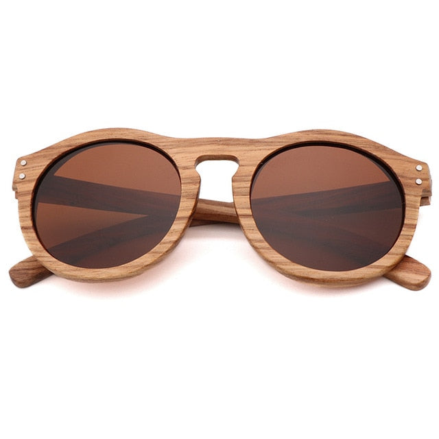 Zebra Wood Finish - Handmade Retro Round Unisex Sunglasses - Brown