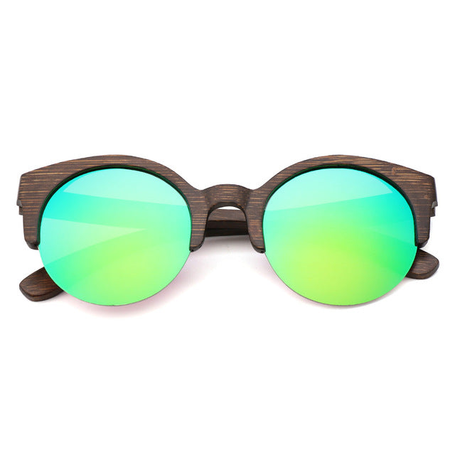 Chestnut Finish - Handmade Polarized Round Bamboo Sunglasses - Green