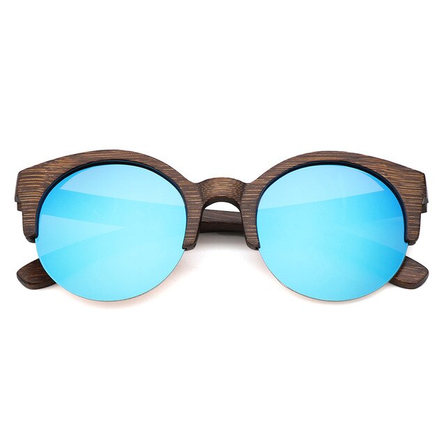 Chestnut Finish - Handmade Polarized Round Bamboo Sunglasses - Light Blue